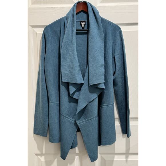 EILEEN FISHER TEAL WOOL OPEN FRONT COWL NECK CARDIGAN SWEATER SZ LARGE - Picture 1 of 7